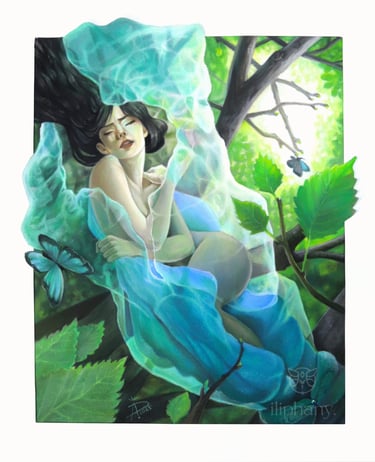 artwork of a woman with butterfly wings inside a chrysalis