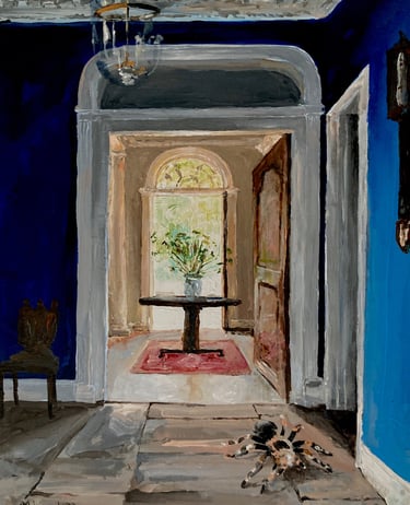 a painting of an interior with a large spider