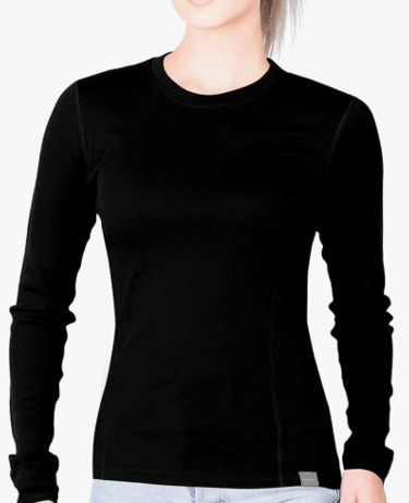 a woman in a black shirt and jeans