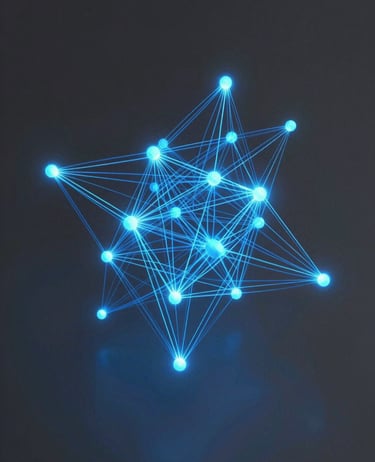 Isometric orthographic projection of abstract 3D digital network nodes, glowing electric blue vector trajectories, sharp cyan edge-glows, deep graphite background.