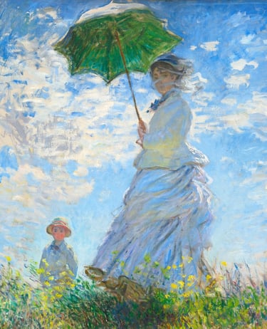 a painting of a woman holding a green umbrella