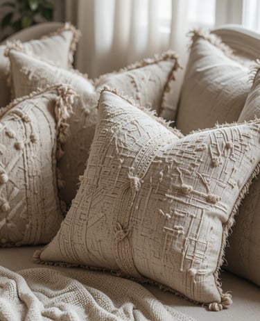 Stylish sofa with a mix of neutral decorative cushions in different textures, soft fabrics, cozy arr