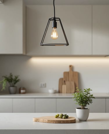 A serene modern kitchen with a minimalist aesthetic, featuring a geometric pendant light fixture abo