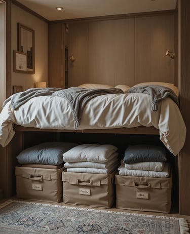 Small bedroom with bed lifted slightly showing organized storage boxes underneath, neatly arranged b