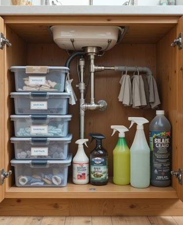 An under-the-kitchen-sink cabinet organized with labeled bins