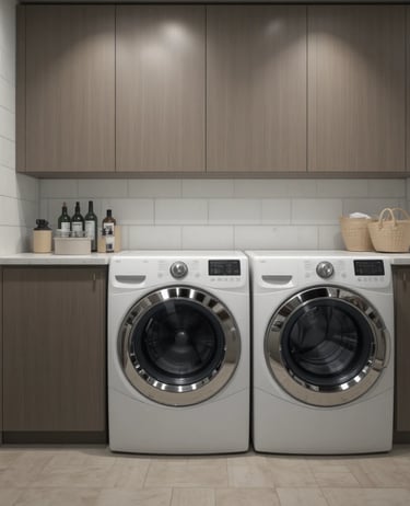 A sleek laundry room featuring front-load washer and dryer in white and stainless steel