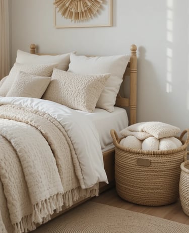 A stylish small bedroom corner with woven storage baskets placed beside a bed