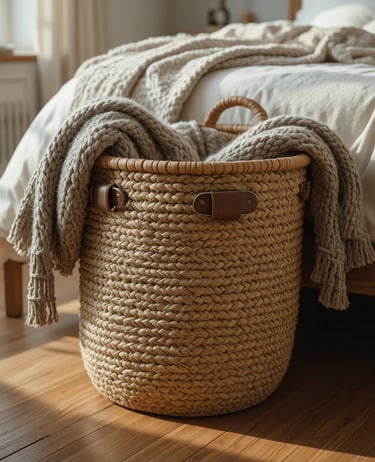 handwoven seagrass basket with leather handles sitting at the foot of a bed, a chunky knit throw bla