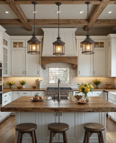 A cozy farmhouse kitchen illuminated by vintage-inspired black metal barn pendant lights hanging abo