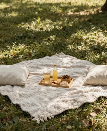 Soft textured picnic blanket spread on grass with cozy setup including cushions