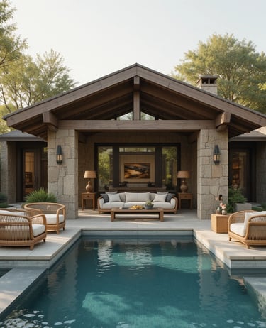 A luxurious pool house immersed in a serene organic modern oasis
