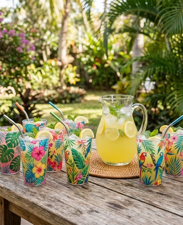  vignette of eight colorful tropical print acrylic cups arranged on a wooden outdoor table with a pi