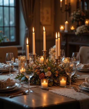 Warm cozy dining table centerpiece with multiple lit candles, soft glowing light, glass holders,