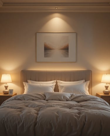 A cozy bedroom illuminated by warm bedside lamps and soft ambient lighting
