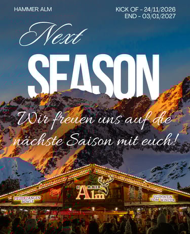 Plakat für die Winterveranstaltung auf der Hammer Alm mit einer rustikalen Holzhütte in den Alpen