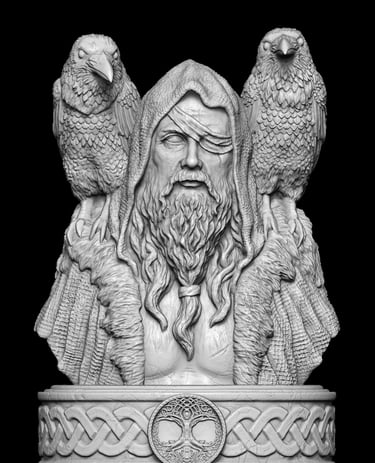 Detailed Viking bust with ravens digitally sculpted for professional 3D sculptural services