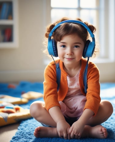 Uśmiechnięta i skupiona dziewczynka w pomarańczowym sweterku siedzi w słuchawkach na podłodze.