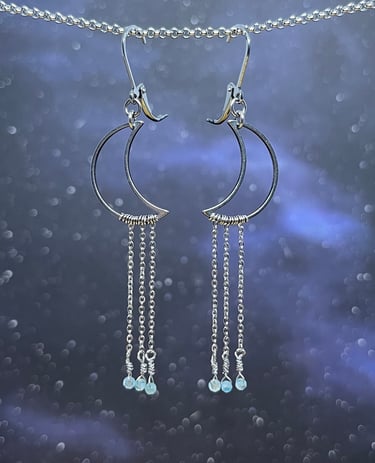 Moon earrings with chain and gemstone cascades