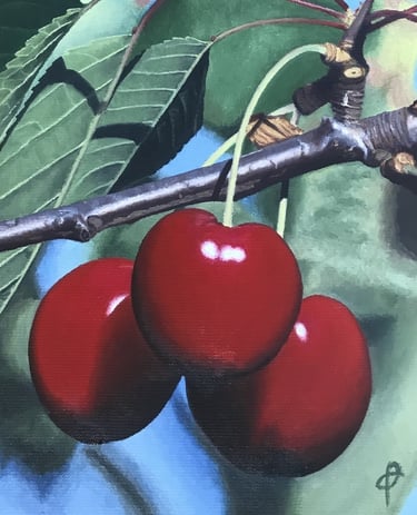 Tableau peinture à l'huile - Trois cerises