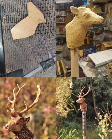 Stag sculpture showing carving, sculpting and finished piece through 3D sculptural services