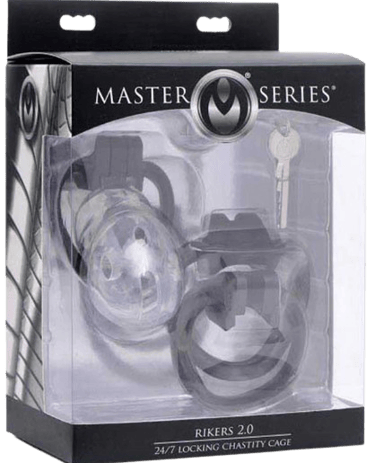Chastity cage in packaging with master series Rikers 2.0 24/7 locking chastity cage