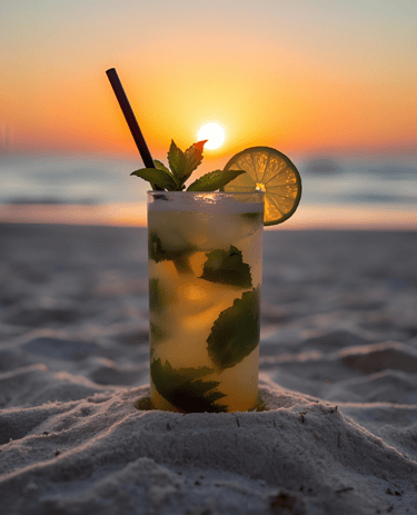 rum in a glass with a lime slice on the sand
