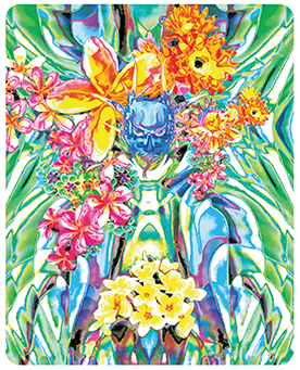 Pop art of the serpent in The Garden of Eden hiding among the blooming flowers.