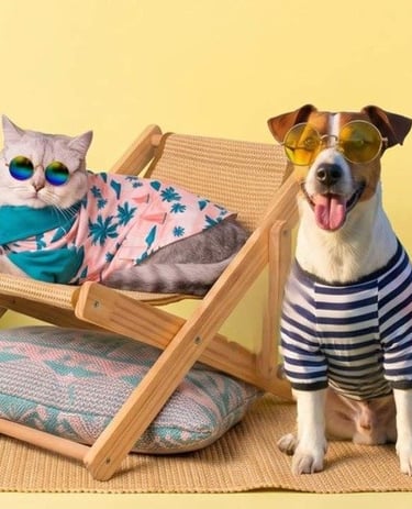 Un gato y un perro que llevan gafas de sol y ropa de verano, descansan en sillas de playa