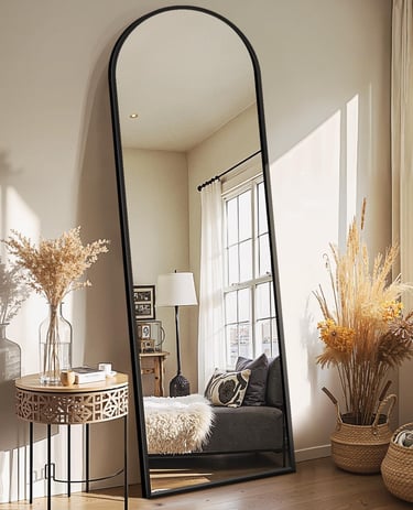 Large arched full-length floor mirror with black metal frame styled in a modern cozy living room.