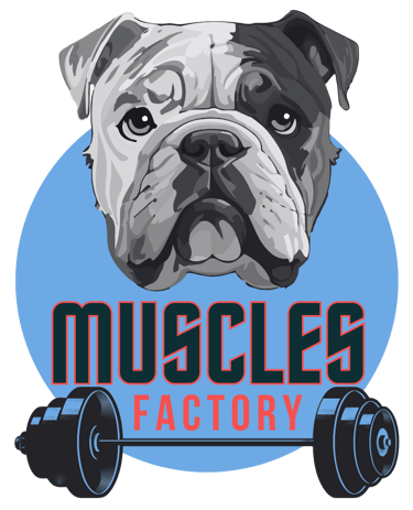Logo pour la société Muscles Factory représentant un Bulldog Anglais avec une barre de musculation