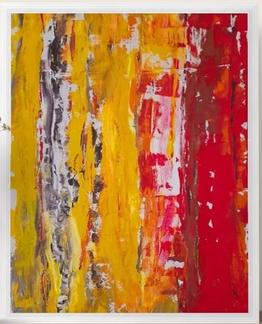 Peinture abstraite acrylique, composition verticale, jeu de couleurs évoquant une atmosphère urbaine