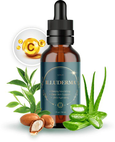 Illuderma serum bottle for deeply nourishing, clear skin support, and ultra-hydrating, surrounded by natural ingredients