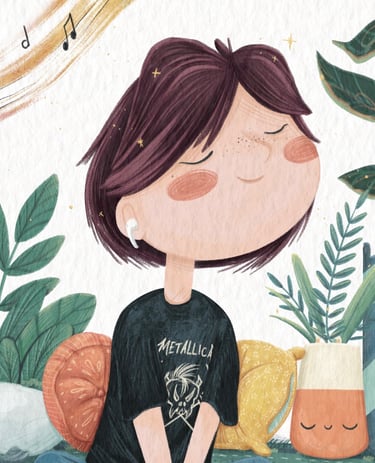 Illustrated self portrait of Sonya Hammond Mullins wearing Metallica shirt