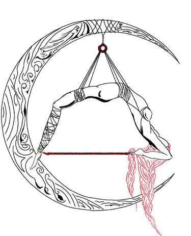 Ilustración del libro Shibari Exquisito de Óscar Ocaña Parrón, suspensión femenina de cuerdas en una media luna