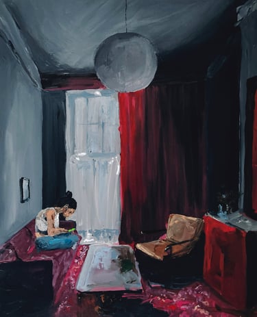 a painting of a woman sitting on a couch