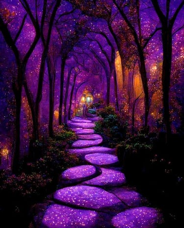 chemin arboré lumière violette vers les portes de l'esprit sous hypnose régressive