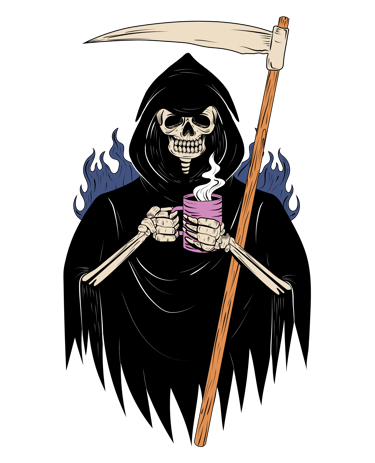 Grim Reaper skeleton in a black hood holding a scythe and drinking hot coffee with blue flames background.