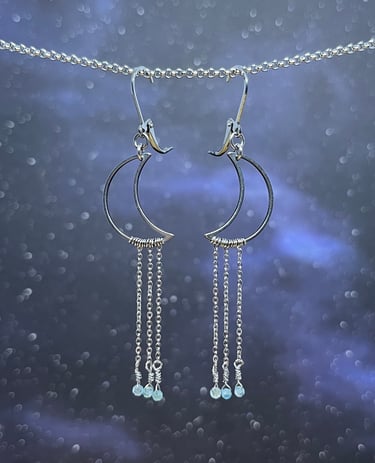 Moon earrings with chain and gemstone cascades