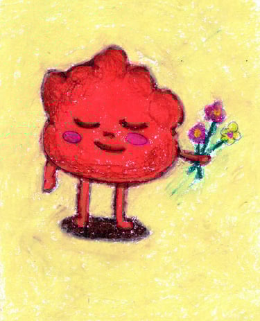 Cute red oil pastel character holding a bouquet of flowers on a yellow background.