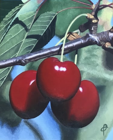 Tableau peinture à l'huile - Trois cerises