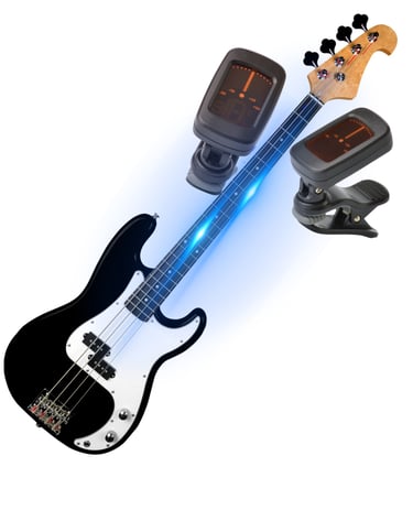 Black electric bass guitar with virtual tuners for precise instrument tuning.