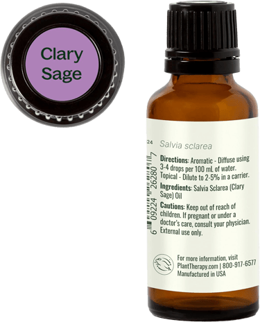 Clary Sage bottle showing usage directions, cautions and labeled purple cap