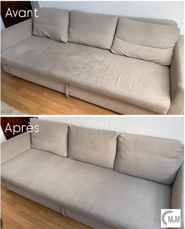 Avant après shampouinge d'une assise de canapé blanche nettoyage en profondeur à Rouen M&M Services 