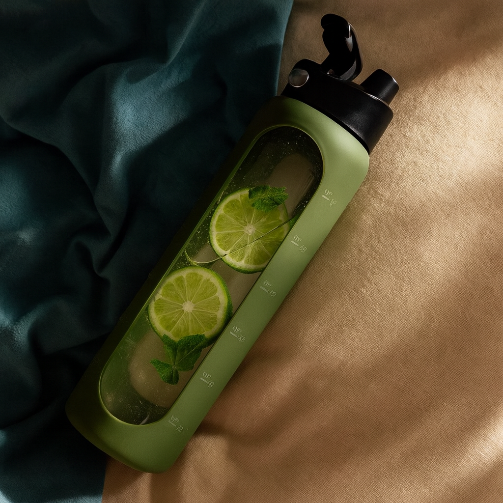 Minimal glass water bottle on linen bedding with natural morning light.