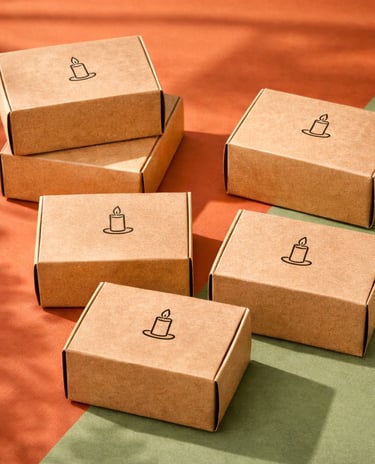 Minimal tuck-top soap boxes stacked neatly, logo label centered.