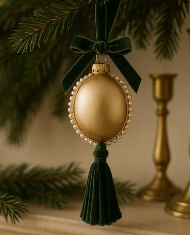 Gold clay ornament with tassel and pearl border.