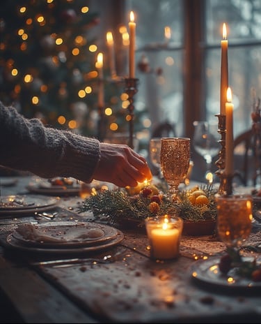 Host preparing holiday table with candles and welcome drinks