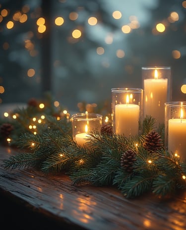 Pillar candles glowing in greenery, with string lights tucked among pine. 