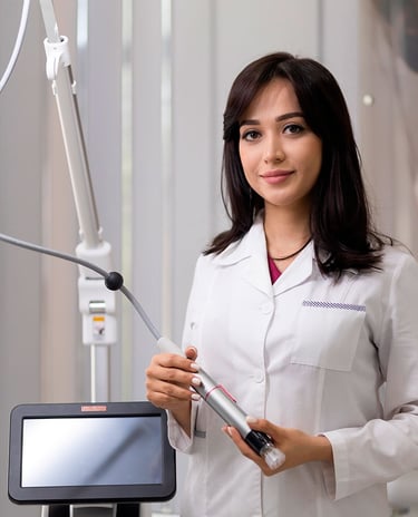 a woman in a lab coat holding a tablet computer