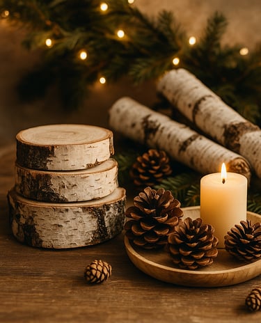 Rustic Christmas decor with birch logs, wood slices, pinecones, and a glowing candle 